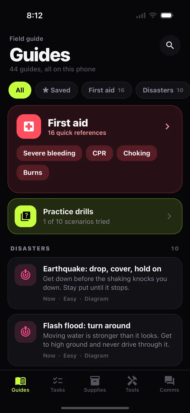 Offgrid's Guides screen