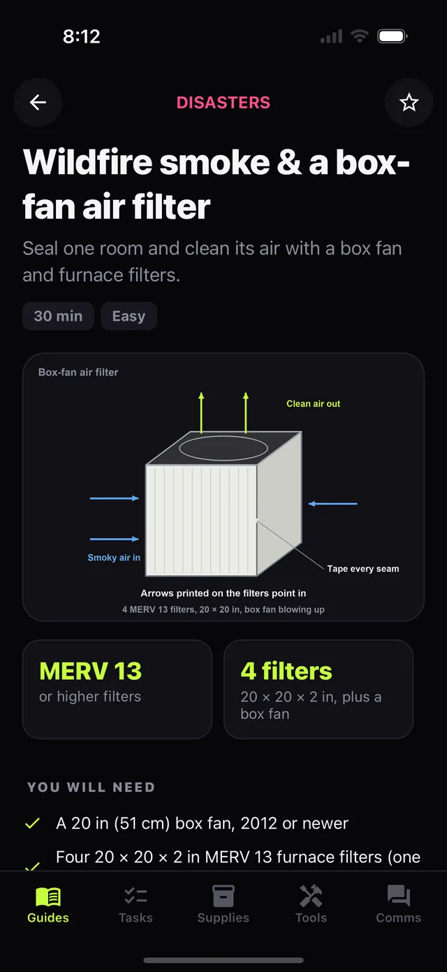 A guide for building a box-fan air filter, with a diagram